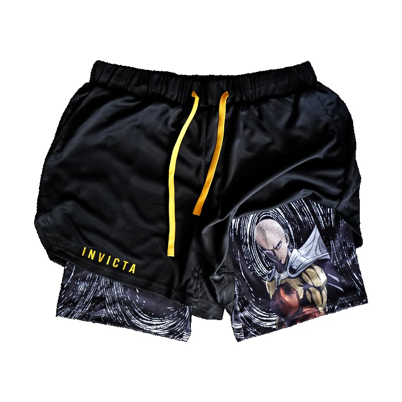 Anime Cosplay One Punch Man - アニメワンパンマンサイタマ 2-in-1 圧縮ショーツ夏速乾性スポーツショーツ通気性ジムワークアウトショーツ
