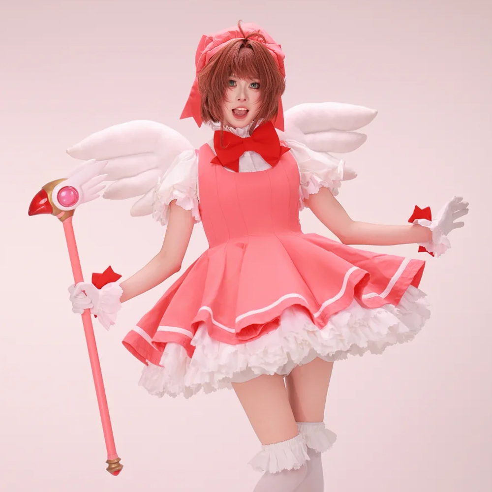 Anime Cosplay Easy - 木之本桜 コスプレ ピンク ロリータドレス ウィッグセット ロールプレイ
