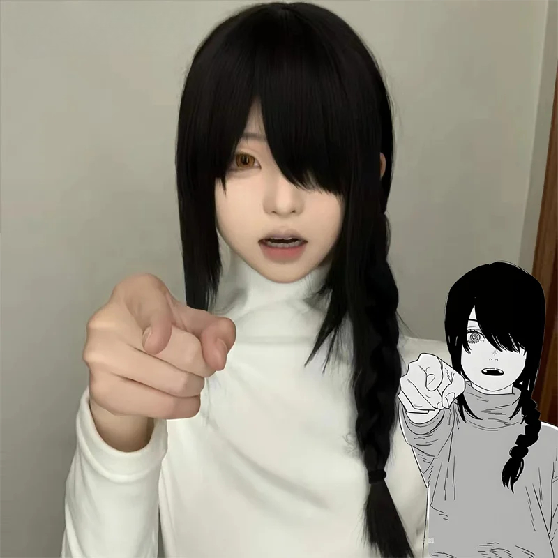 Anime Cosplay Long Black Hair - アニメチェーンソーマンナユタ大人のコスプレウィッグ黒ロング三つ編みヘア耐熱合成かつらハロウィンカーニバル小道具