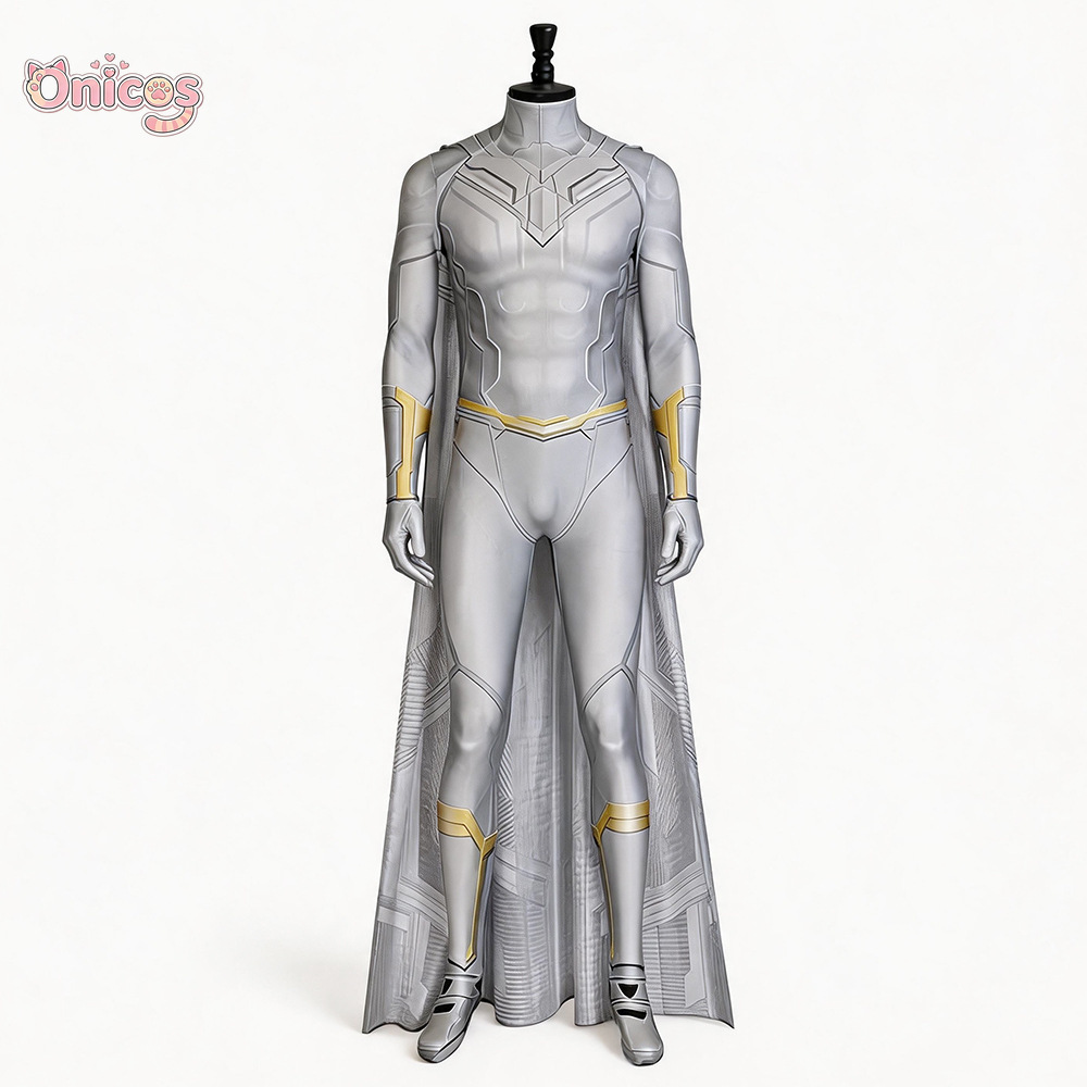 Anime Cosplay Male - Wandavision ビジョンコスプレ衣装白男性ビジョンジャンプスーツマントスーパーヒーローボディスーツケープフルセットハロウィンカーニバル Onicos