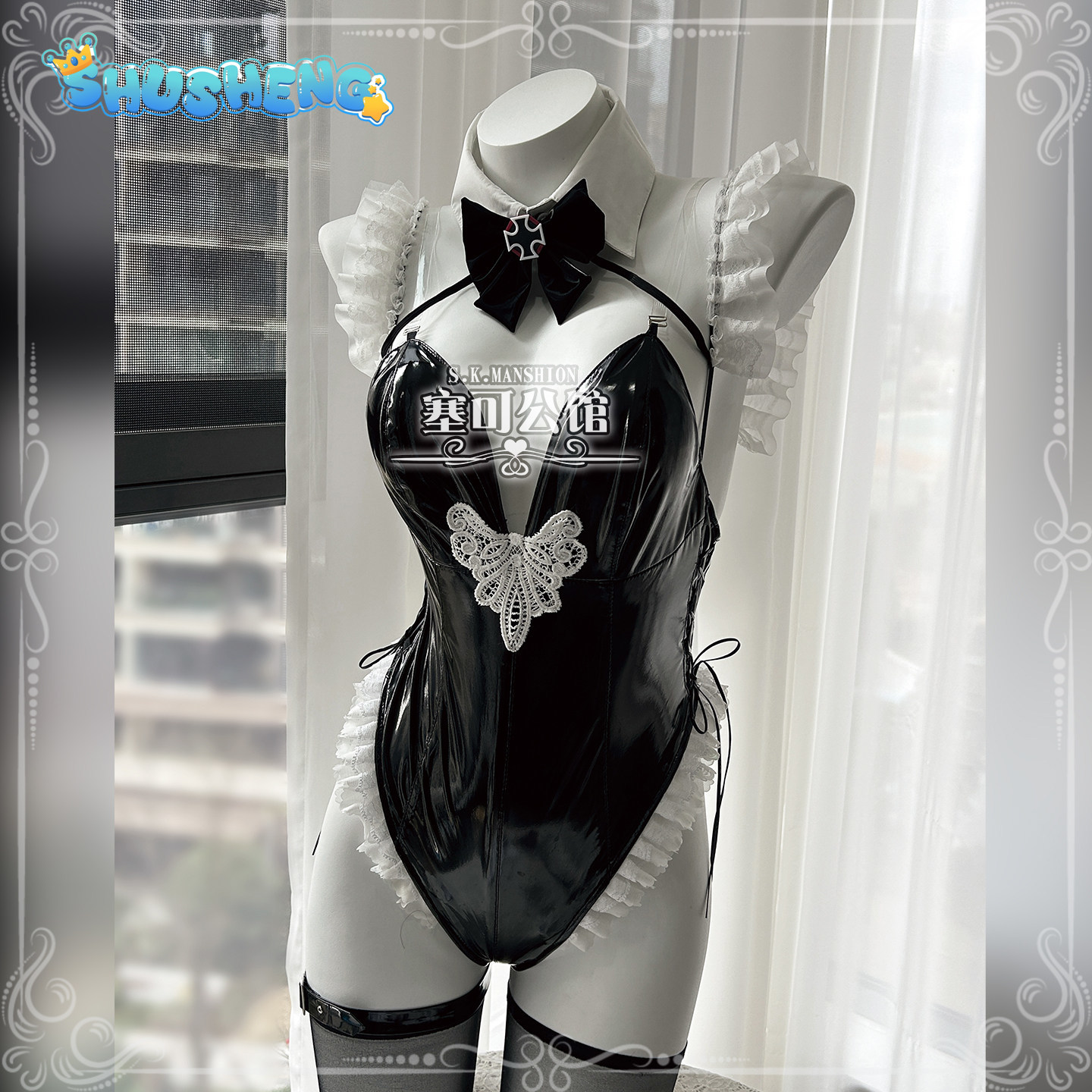 Cosplay Anime Bunny Girl - プリンツ・ユーゲン・アズールレーン KMS プリンツ・ユーゲン コスプレ衣装 黒のセクシーなレザージャンプスーツ ヘッドウェア