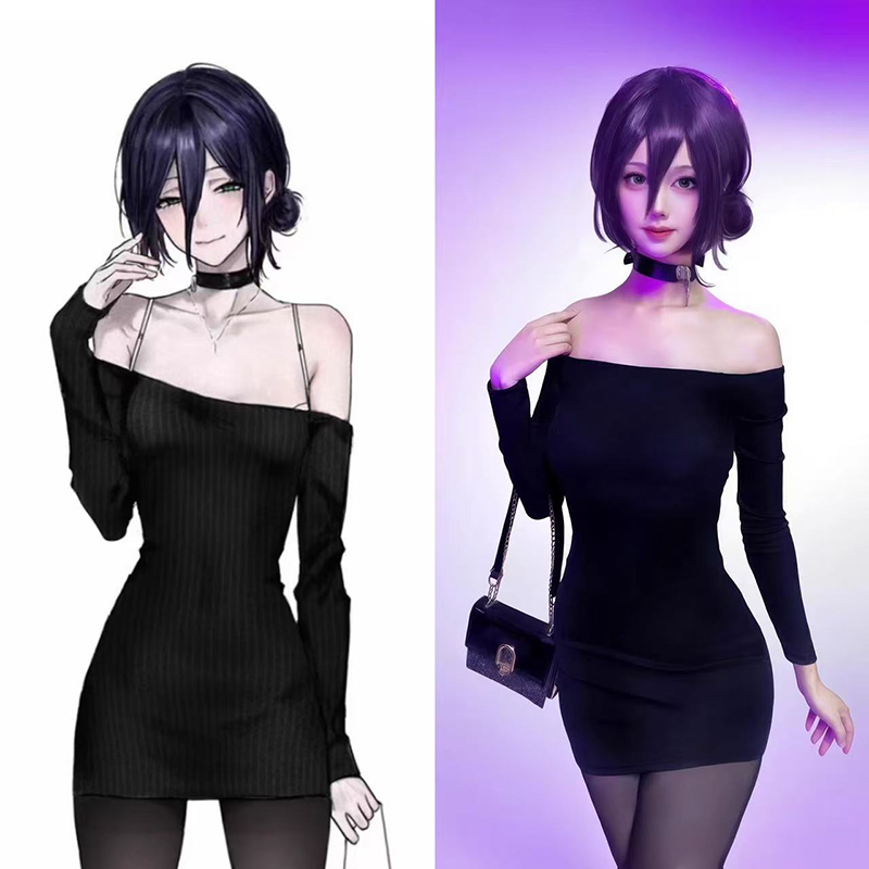 Anime Cosplay Black Girl - アニメチェーンソーマンレゼコスプレ衣装女性ドレス黒セクシーなスパイシーガールオフショルダードレスハロウィンカーニバルパーティー服
