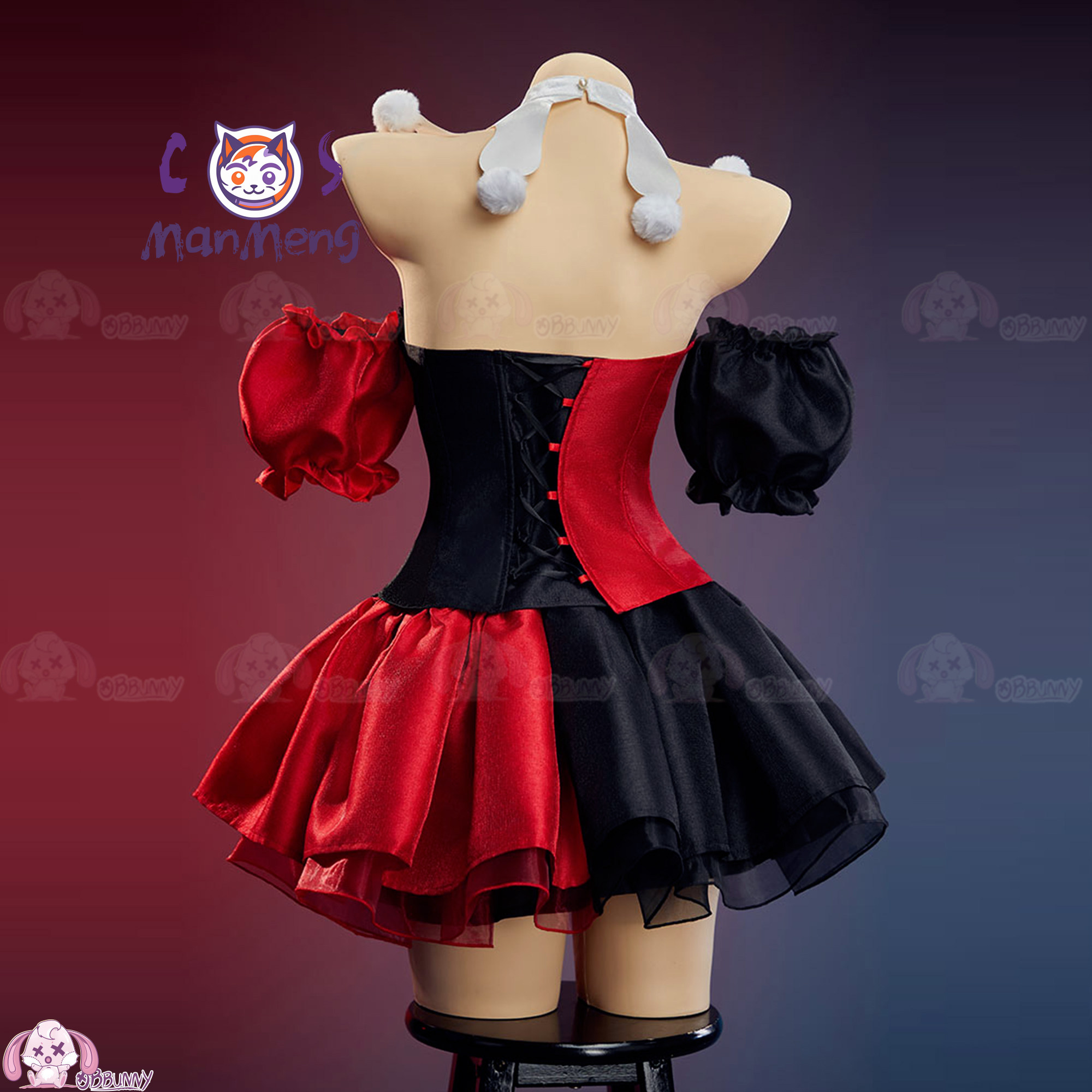Anime Cosplay Red - 新しいピエロゴシックロリータウエストスカート赤と黒のカラーブロックハロウィンパーティー詐欺ロールプレイングピエロジョーカーコスプレ衣装