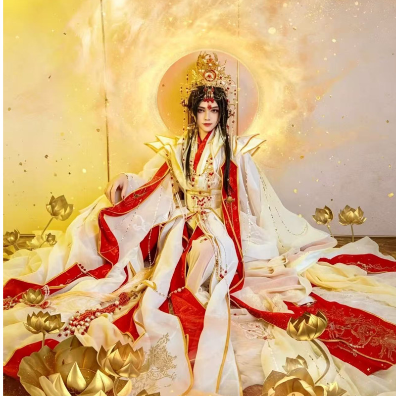 Anime Cosplay Red - 天官が喜びの神である謝憐を祝福するための王冠を戴く王子様の古代風ハロウィンコスプレ衣装、赤白金漢服
