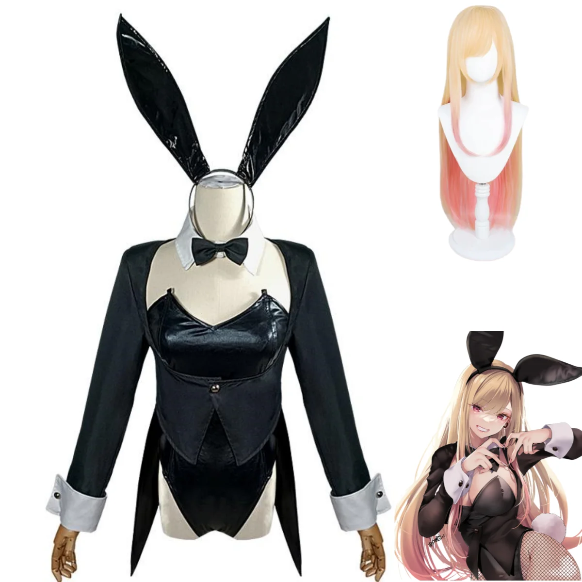 Anime Cosplay Girl Name - アニメ「My Dress-Up Darling」北川マリンコスプレ衣装、バニーガール風黒ジャンプスーツ、コート、ウィッグ、女性用セクシーカーニバルスーツ