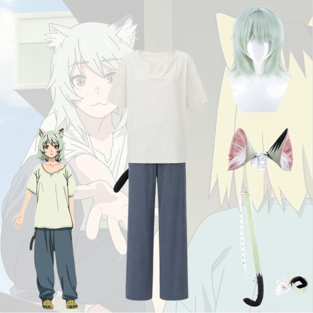 Anime Cosplay Japanese Girl - ヤニネコ チェインスモーカーキャット ニクコ コスプレコスチューム 白いTシャツと尻尾付きパンツ フルセット