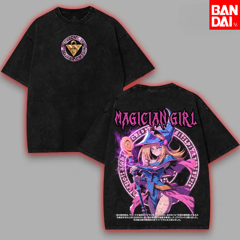 Anime Cosplay Easy - メンズヴィンテージウォッシュTシャツ 遊戯王 ダークマジシャンガール 原宿ストリートウェア オーバーサイズ クルーネック