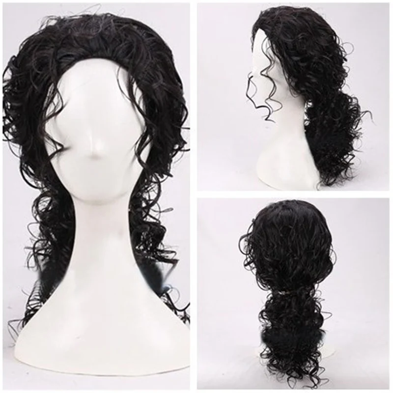 Anime Cosplay Long Black Hair - 2026年マイケル・ジャクソンコスプレ黒ウィッグマイケル役割プレイ用ミディアムロングカーリーブラックヘアピグテールウィッグハロウィンコスウィッグ+ウィッグキャップ