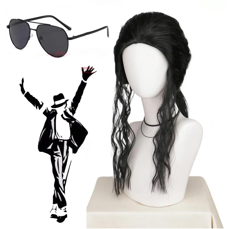 Anime Cosplay Long Black Hair - マイケル・ジャクソンコスプレウィッグまたはメガネ MJ ロングブラックカーリー合成ウィッグヘアヘッドウェアハロウィンコスプレウィッグアクセサリー小道具