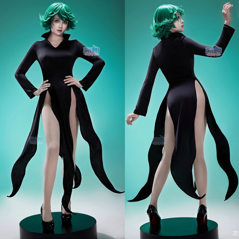 Anime Cosplay One Punch Man - アニメワンパンマンセンリツのタツマキコスプレ衣装女性のセクシーな長袖黒ドレスハロウィンカーニバルパーティー服