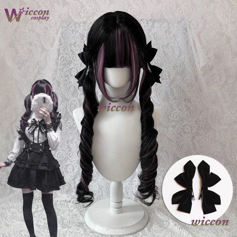 Anime Cosplay Long Black Hair - コミック ‌ 黒ウィッグ ピンク付き コスプレウィッグ 前髪付き
