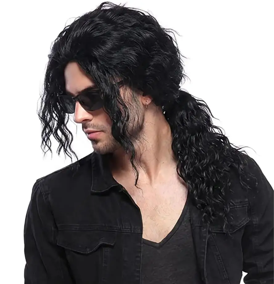 Anime Cosplay Long Black Hair - アニメマイケル・ジャクソンコスプレマイケルコスプレ黒ウィッグマイケルロールプレイミディアムロングカーリー黒髪ウィッグハロウィンコスウィッグ