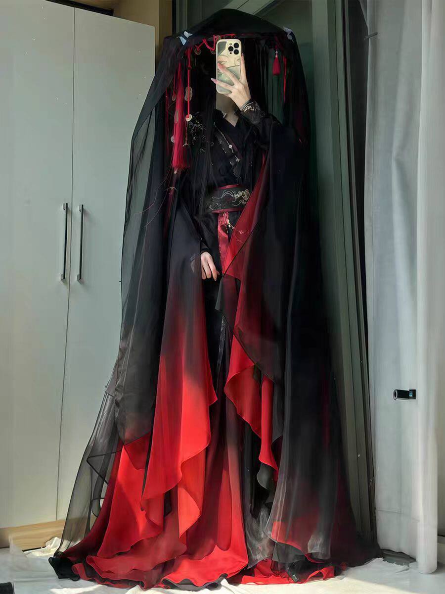 ユニセックス古代中国仙侠ローブ4点セット、黒赤グラデーション - Anime Cosplay Red のレビューと価格