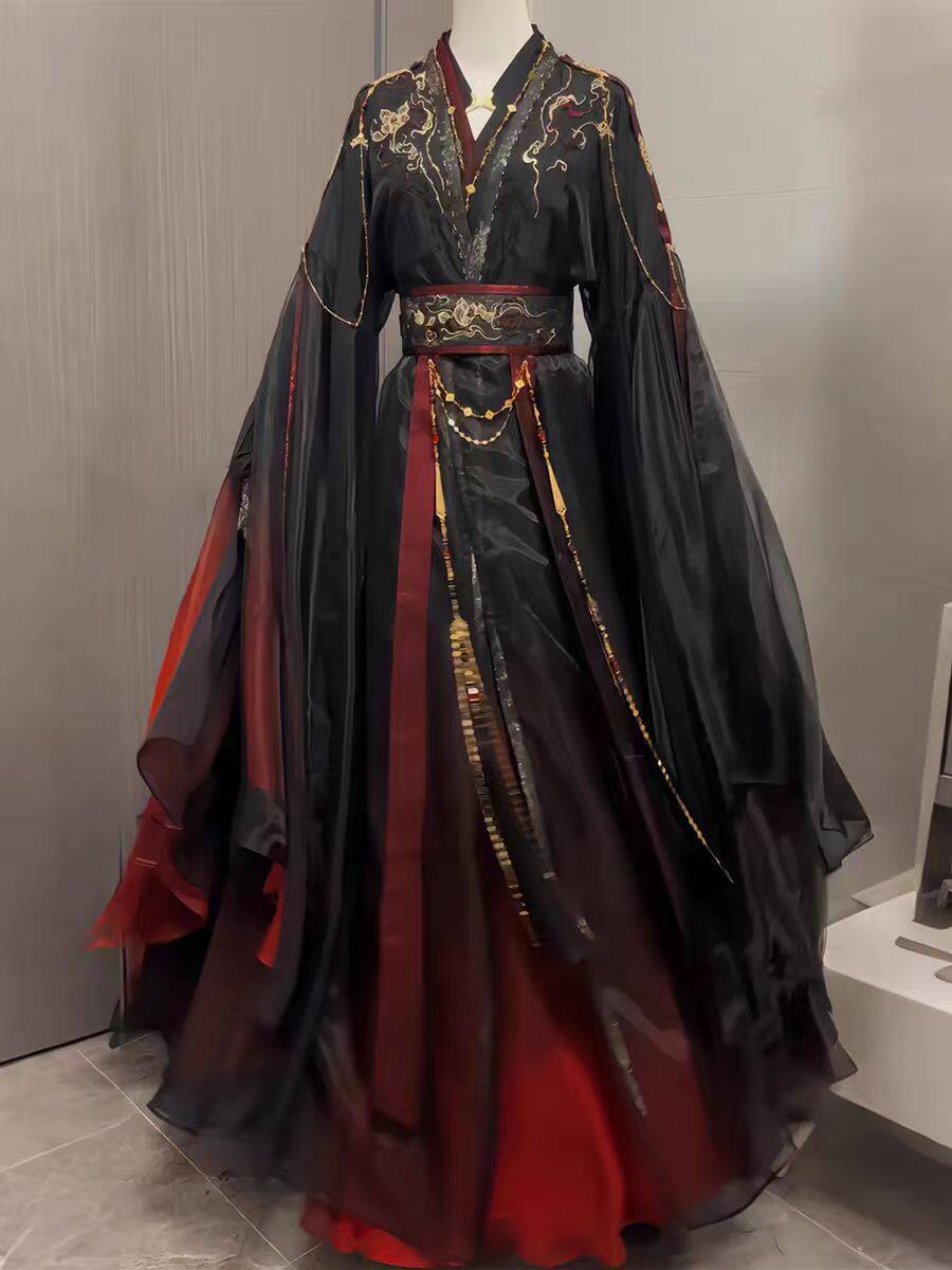 ユニセックス古代中国仙侠ローブ4点セット、黒赤グラデーション - Anime Cosplay Red のレビューと価格