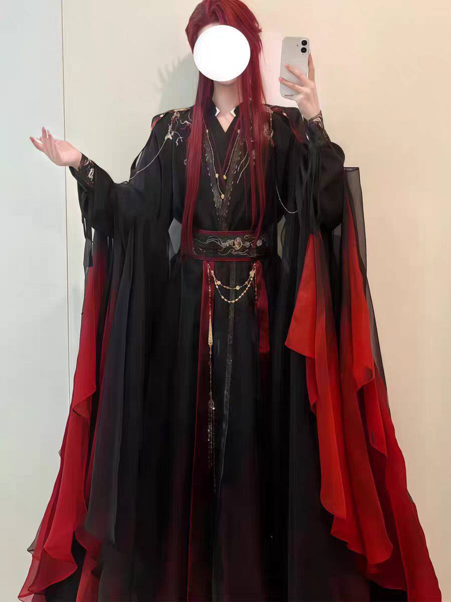 ユニセックス古代中国仙侠ローブ4点セット、黒赤グラデーション - Anime Cosplay Red のレビューと価格
