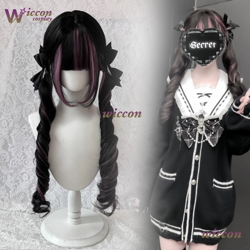 コミック ‌ 黒ウィッグ ピンク付き コスプレウィッグ 前髪 - Anime Cosplay Long Black Hair のレビューと価格