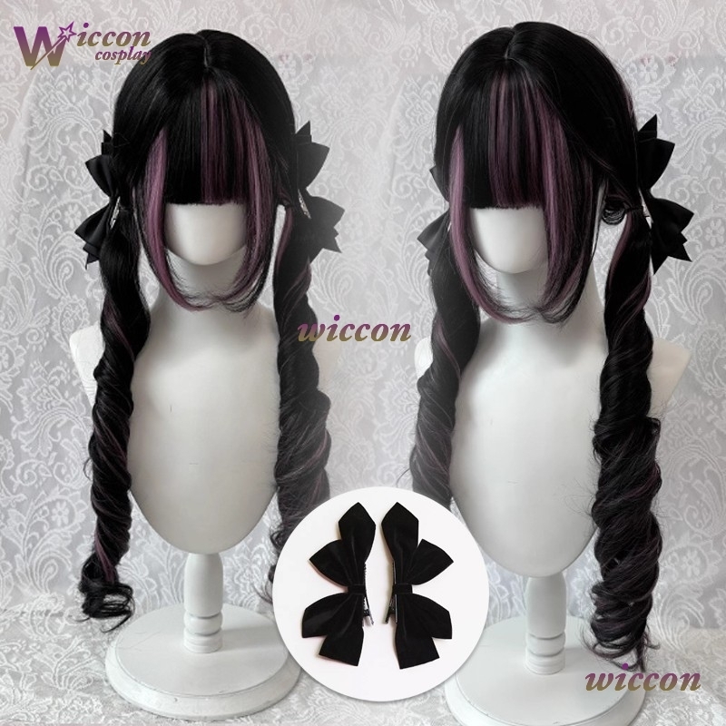 コミック ‌ 黒ウィッグ ピンク付き コスプレウィッグ 前髪 - Anime Cosplay Long Black Hair のレビューと価格